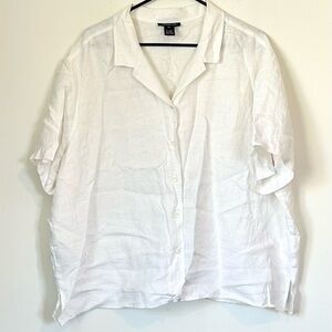 Jones New York Signature White Linen Short Sleeve Button-Up Shirt - Size: 3X